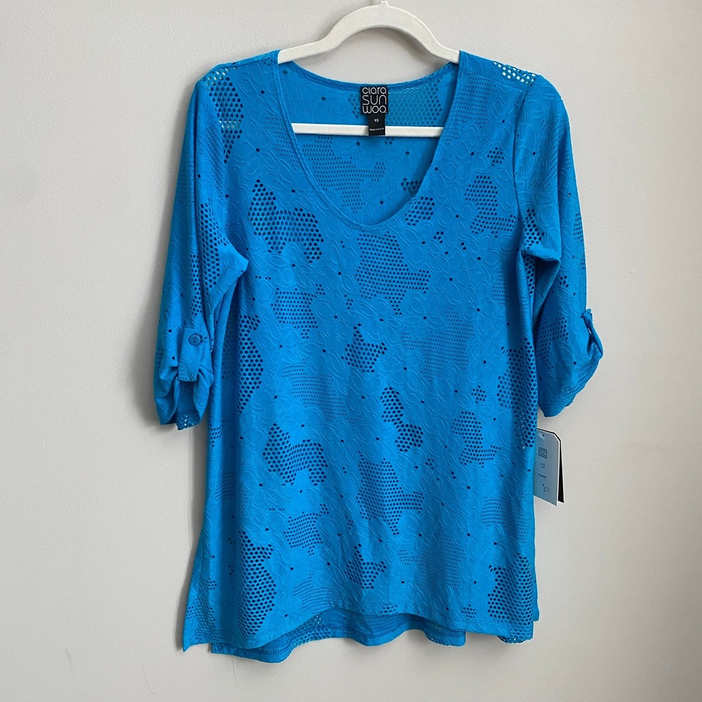 Clara Sunwoo Floral Laser Cut Eyelet Tunic Top Womens XS Coastal Breathable
